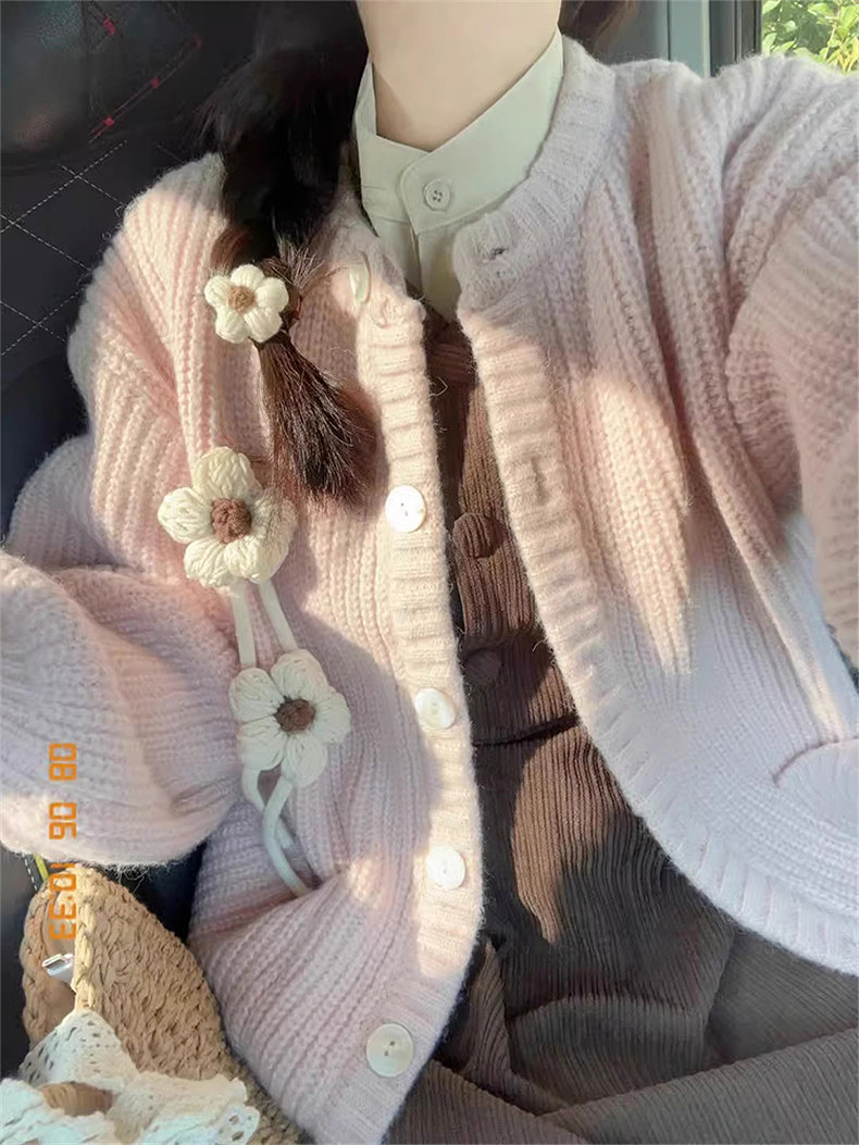 奶fufu粉色毛衣女秋冬季2023新款日系软糯慵懒风复古针织开衫外套 针织开衫 粉色 s