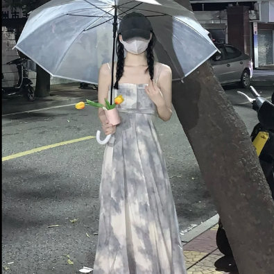 烟雨江南 水墨晕染裹胸夏季高级感一字肩连衣裙女 水墨晕染  黑色 m