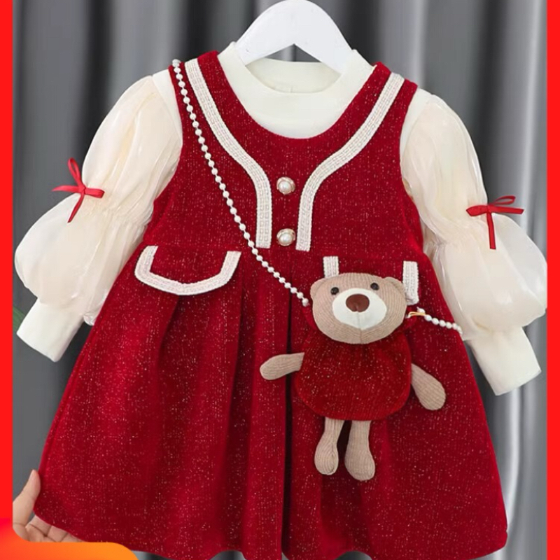 女童两件套裙加绒秋装洋气儿童甜美背带裙套装加厚潮宝宝公主裙子 红色 80