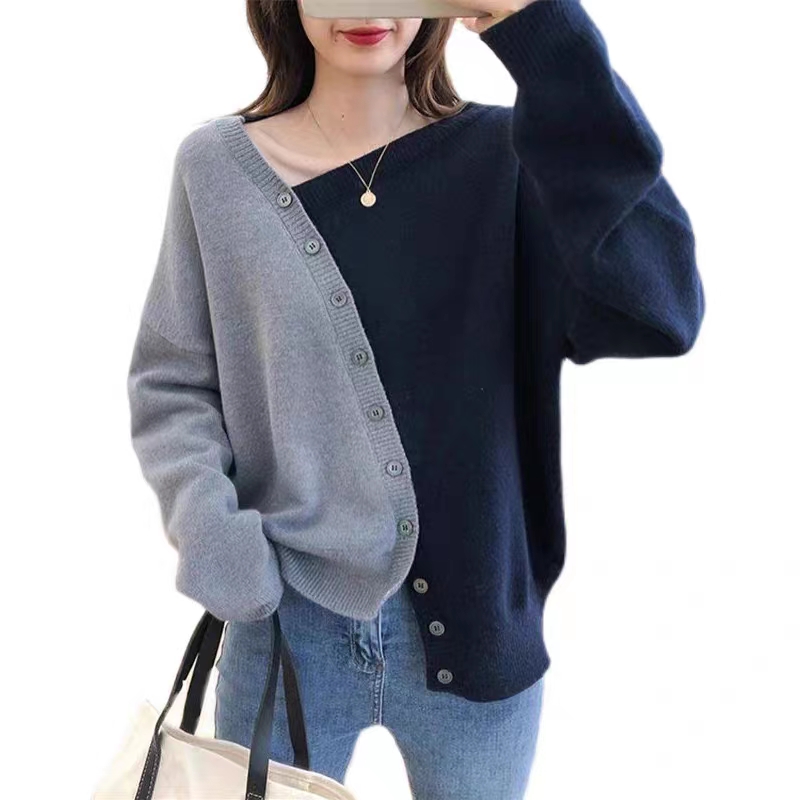 不规则斜纽扣设计感撞色长袖针织衫女2020韩版宽松显瘦毛衣打底衫