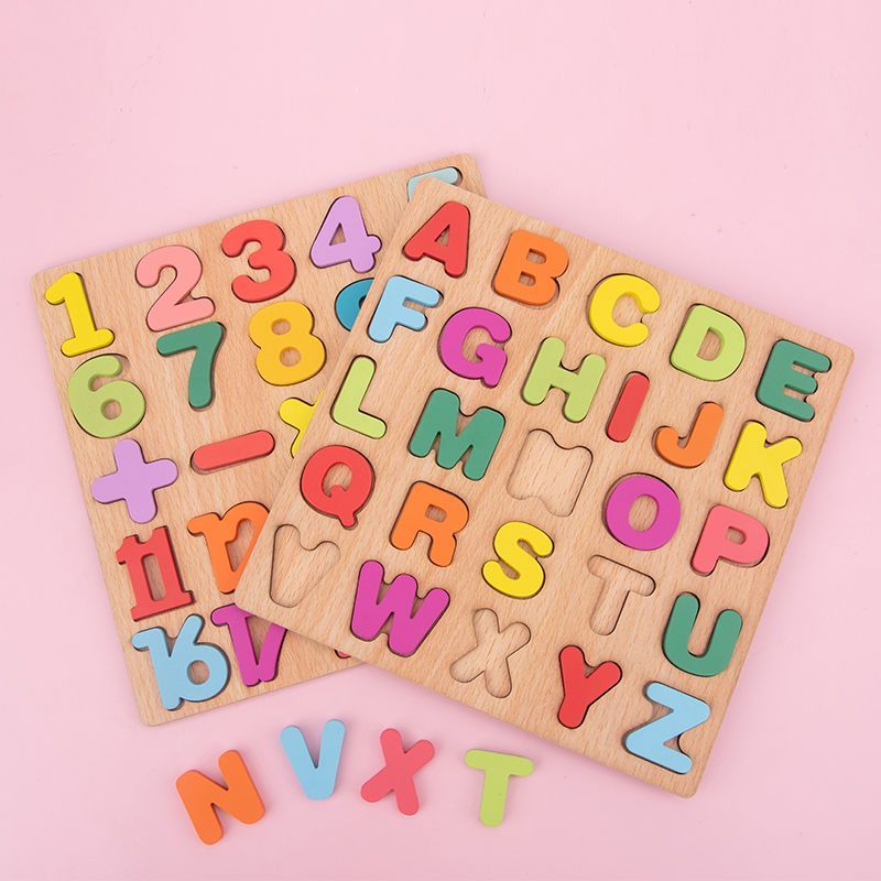 儿童1-6岁数字字母积木拼图宝宝认数早教益智玩具木质手抓板拼板
