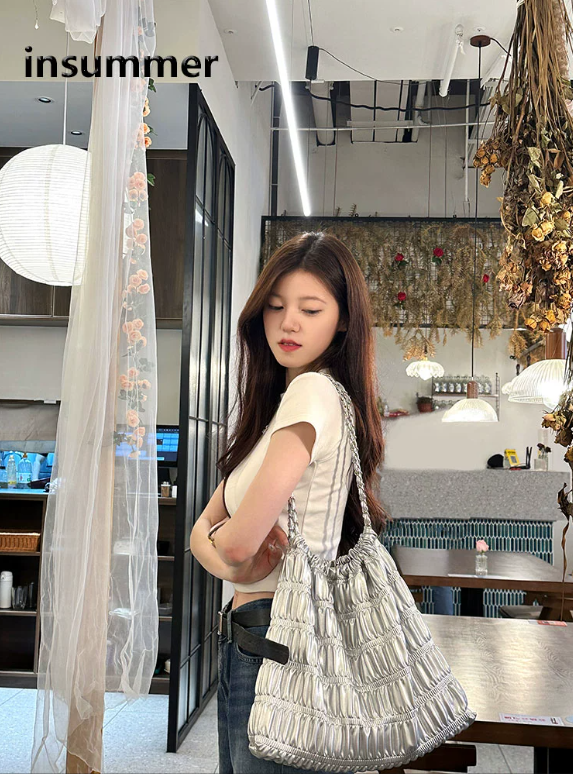insummer小香风链条褶皱托特包女银色法式流行大容量通勤韩版包包