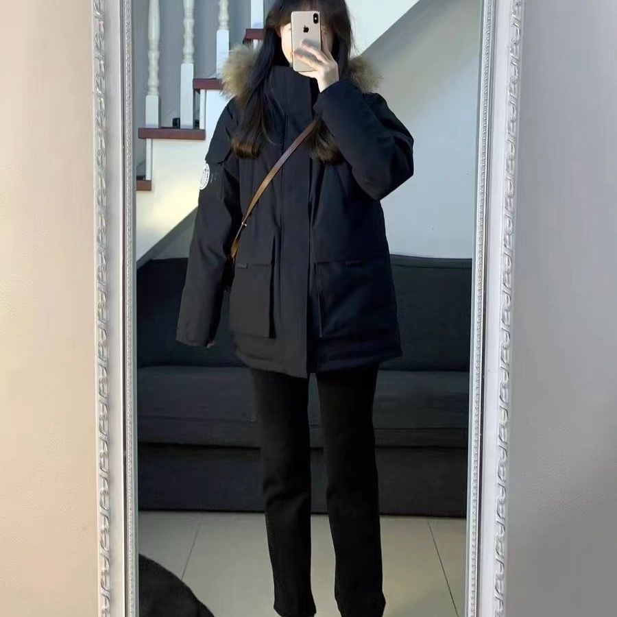 2023年流行大毛领派克羽绒棉服女中长款冬季新款高级感小众设计工装棉袄外套