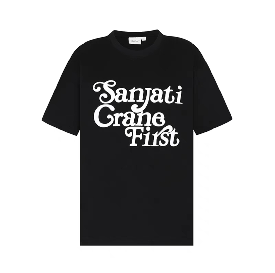 Sanjati crane基础logo多色美式宽松休闲短袖国潮男女情侣同款T恤