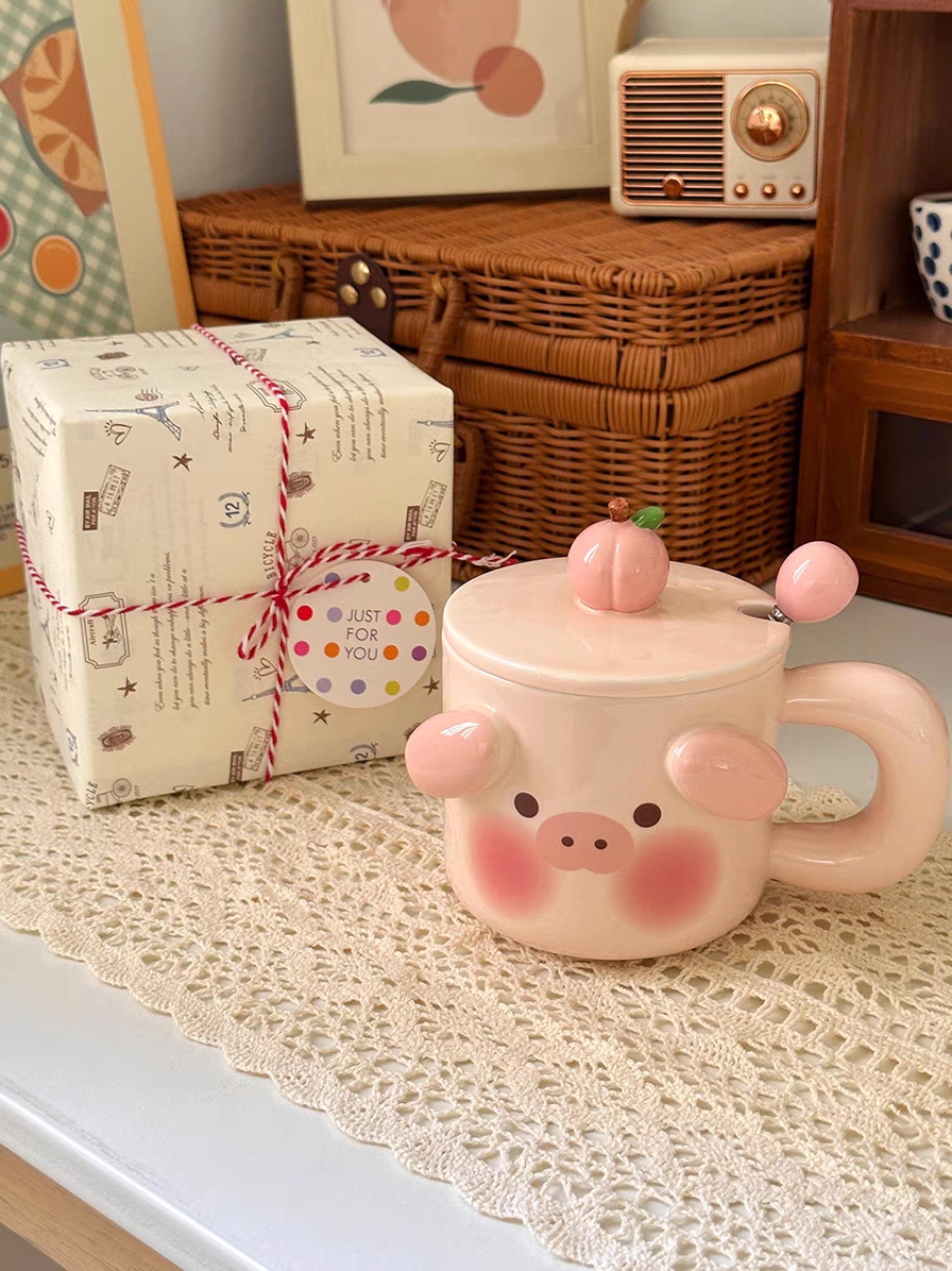 奶fufu陶瓷水杯带盖勺可爱猪猪送闺蜜女友生日礼物马克杯咖啡杯