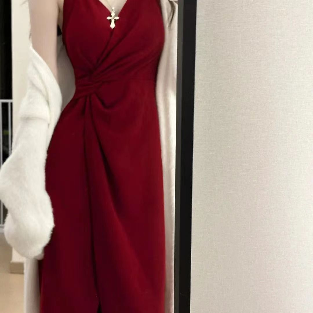 复古新中式酒红色连衣裙大码女装春秋季套装女新款宽松毛衣两件套 红色 L