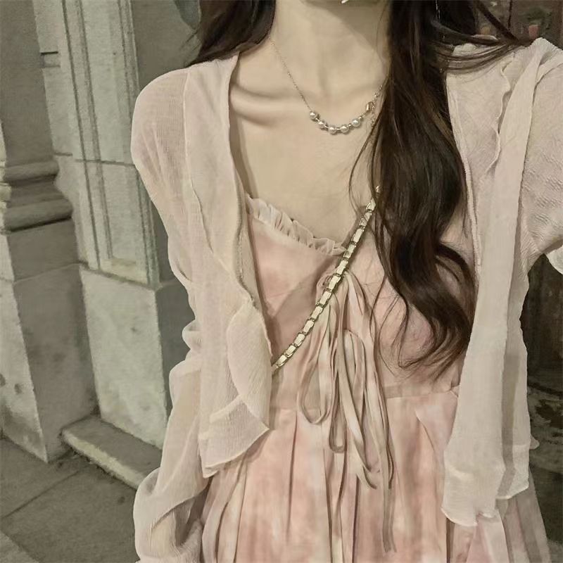 粉色碎花温柔风吊带裙开衫两件套小个子仙女连衣裙女春夏裙子 粉色 L