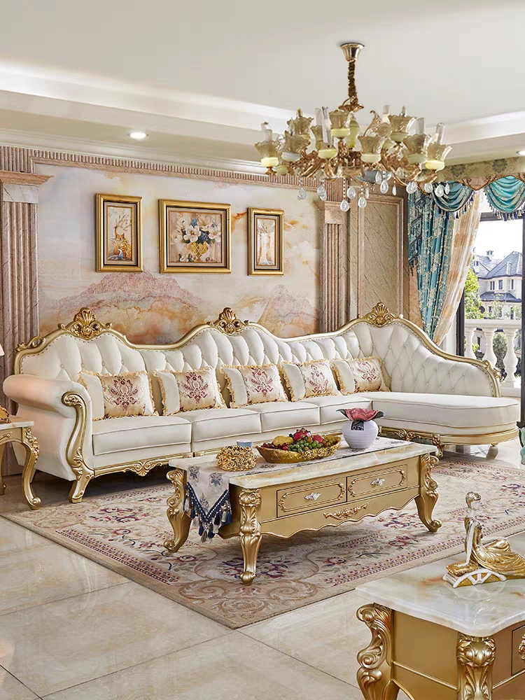欧式真皮贵妃转角沙发高端大小户型组合客厅轻奢实木雕花L型沙发