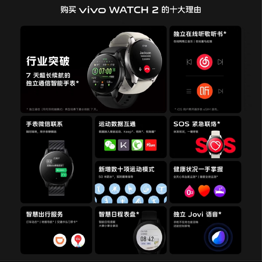 vivo WATCH 2智能手表运动跑步超长续航通讯青少年电子手表手机男士男生款女款血氧心率