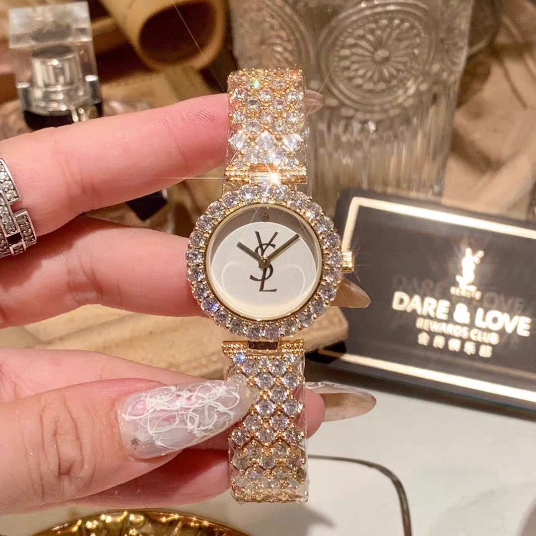 法国代购 YSL圣罗兰手表满天星女士玫瑰金镶钻腕表钢带防水石英表 金色