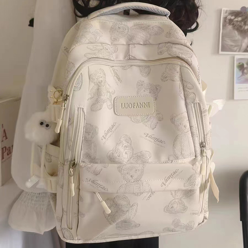 简约百搭印花小熊设计新款大学生电脑背包潮 白