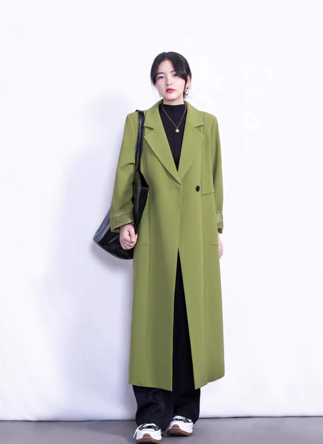 超长款风衣外套女装新款韩版绿色高个子小众宽松大码及踝西装大衣
