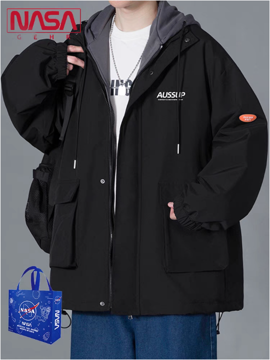 NASA联名假两件工装外套男春秋冬季2023新款大码春装连帽防风夹克