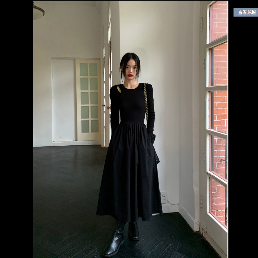 pusumede 长袖镂空针织连衣裙女设计感小众收腰显瘦气质黑色长裙 