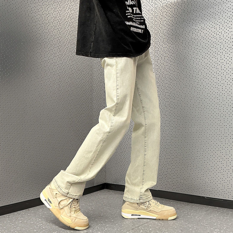 黄泥色牛仔裤男秋季新款美式复古修身微喇裤子港风潮牌宽松直筒裤
