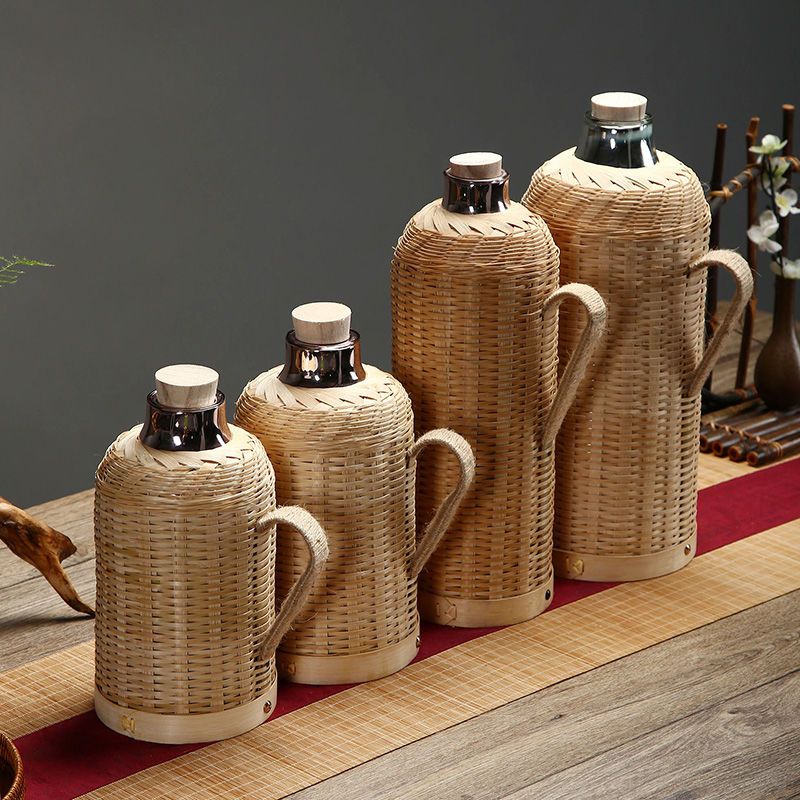 竹编热水瓶家用手工传统木塞水壶茶室办公室保温瓶玻璃内胆热水壶