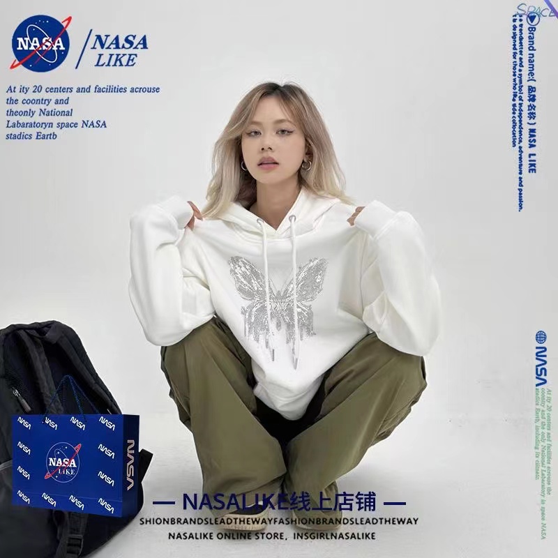 NASA联名纯棉卫衣女士2023年新款春秋冬加绒加厚情侣装连帽衫外套 白色 S