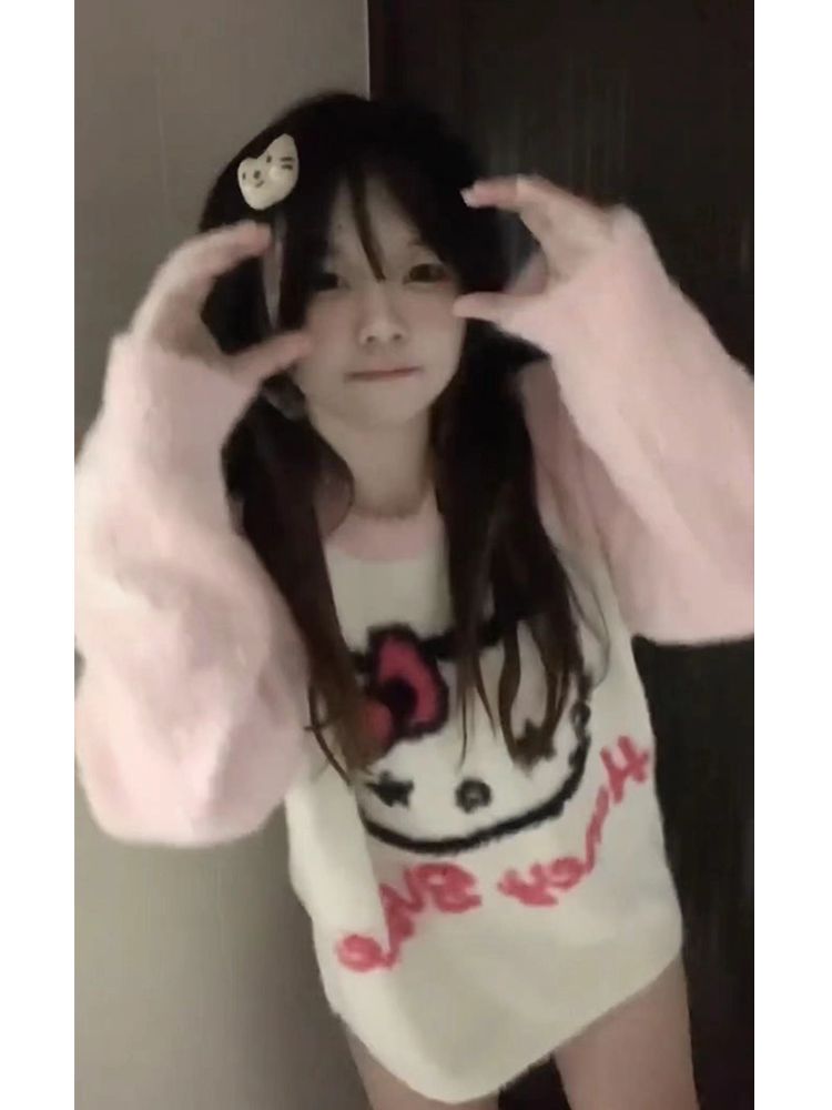 日系甜美可爱软糯kitty猫套头毛衣女学生冬季宽松显瘦针织衫上衣 粉色 M
