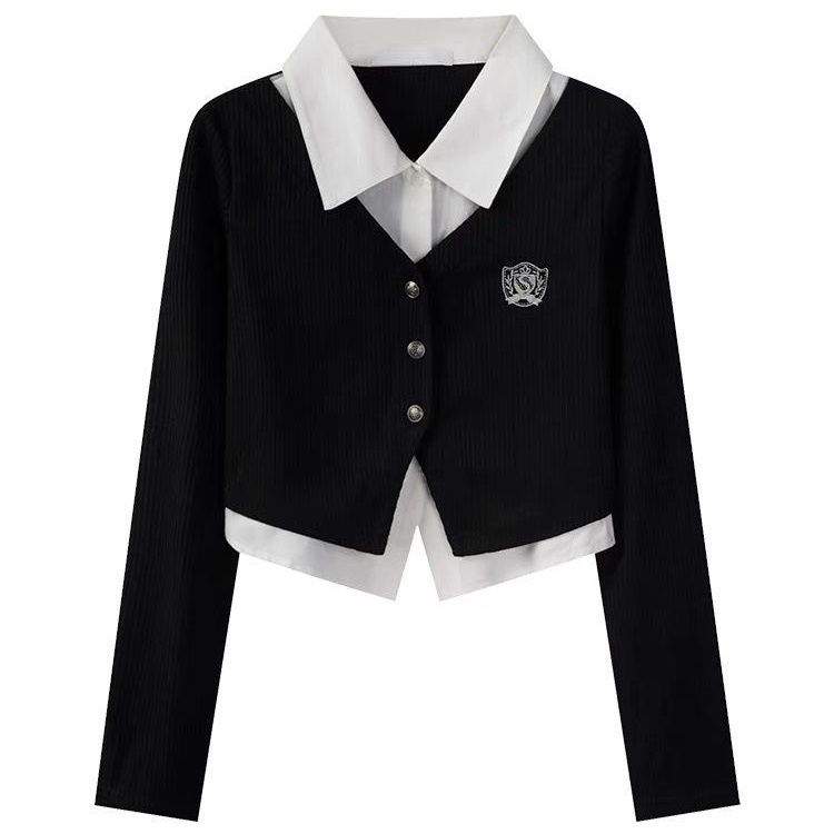 MANO polo领针织衫女秋季设计感假两件黑色修身长袖学院风上衣 黑色 M