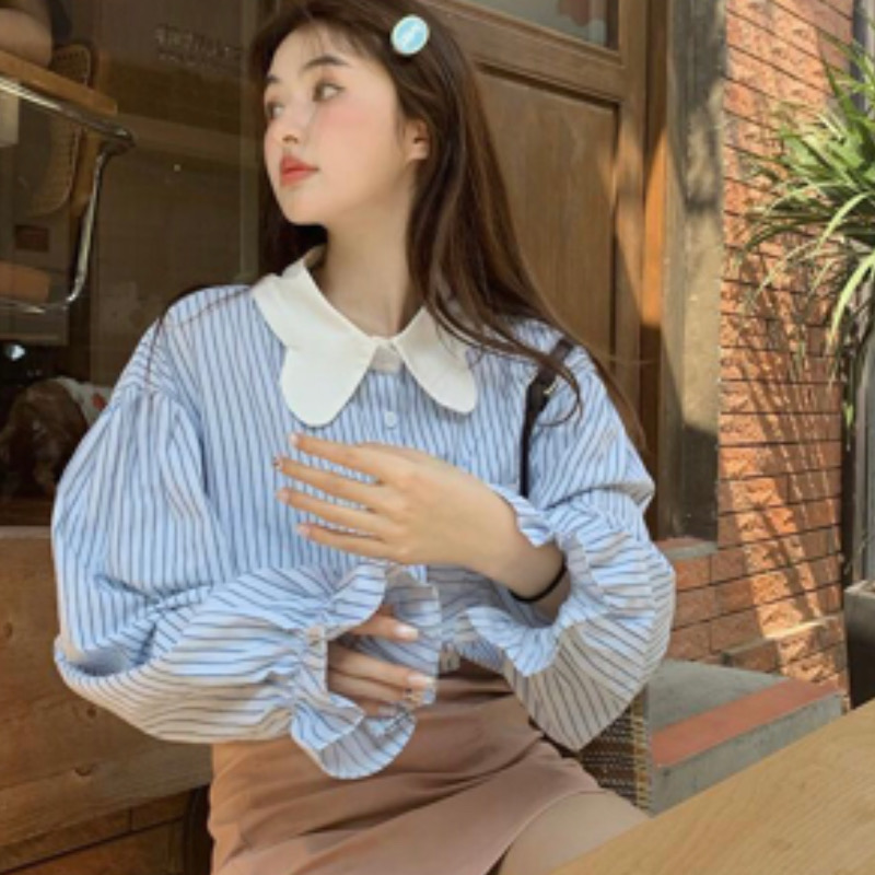 甜美韩系条纹衬衫女装秋季2023新款花瓣领设计感宽松喇叭长袖上衣 蓝色 M