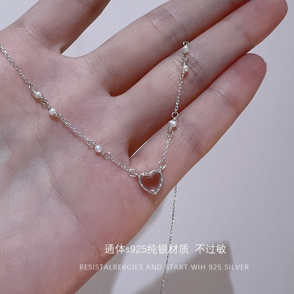 新款925纯银珍珠项链女生轻奢小众高级设计感甜美爱心锁骨链礼物