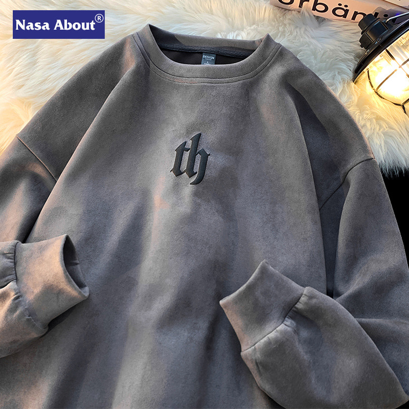 NASA麂皮绒重磅卫衣士秋冬宽松潮牌美式宽松上衣圆领复古打底长袖