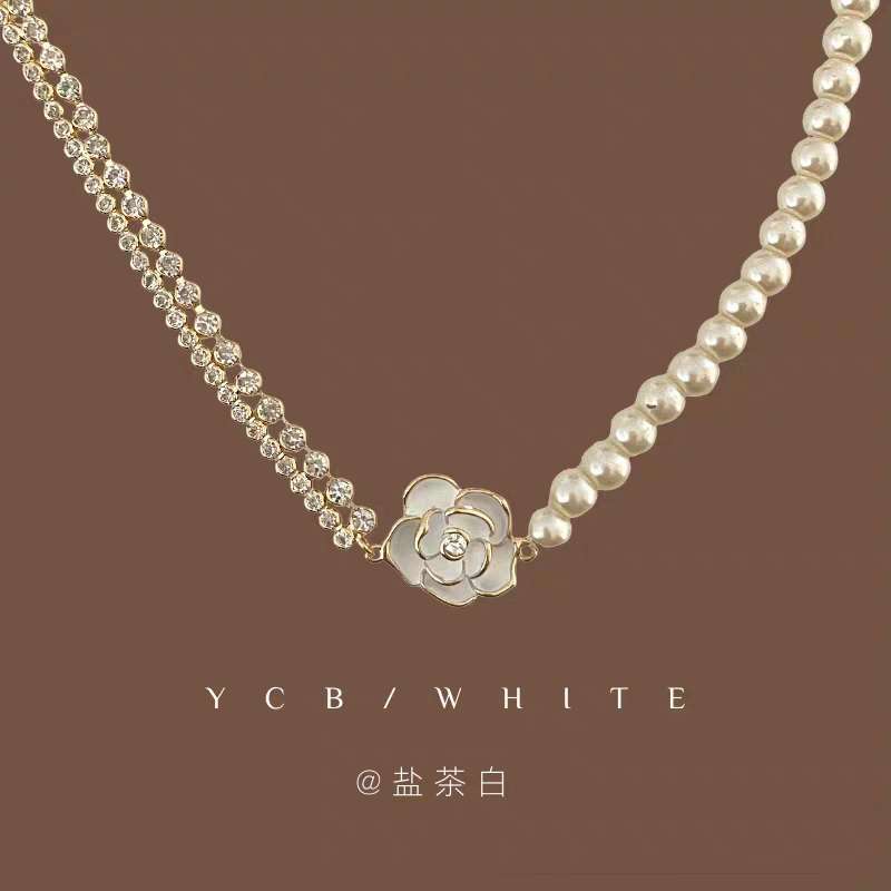 「月下山茶花」法式复古轻奢珍珠项链小众设计气质锁骨链拼接颈链