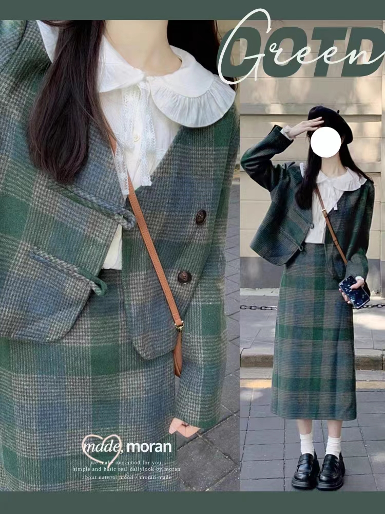 韩系冬装搭配小香风绿格纹毛呢外套两件套裙小个子奶系复古学院风