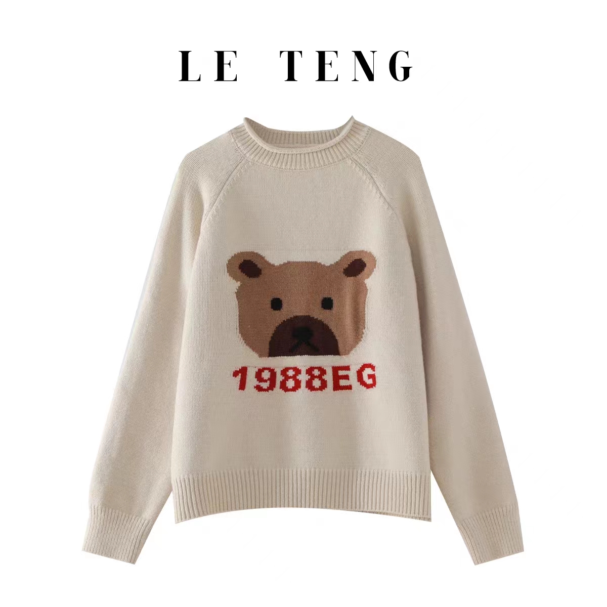      LE TENG『小熊毛衣』毛边圆领软糯小熊提花宽松套头毛衣
