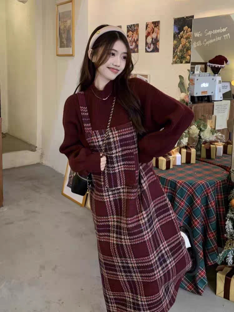 韩系慵懒风复古套装裙2023秋冬季遮肉针织毛衣格子背带裙两件套女