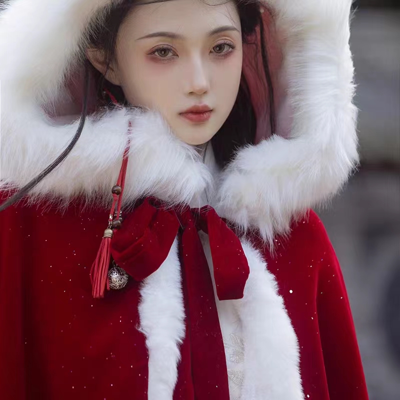 汉服斗篷女中国风喜庆拜年冬季毛妮加绒加厚超仙保暖披风 肩领 红色 均码