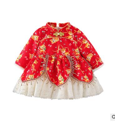 天静童装2021年冬季新款女童连衣裙 中国红萌虎儿童公主礼服裙