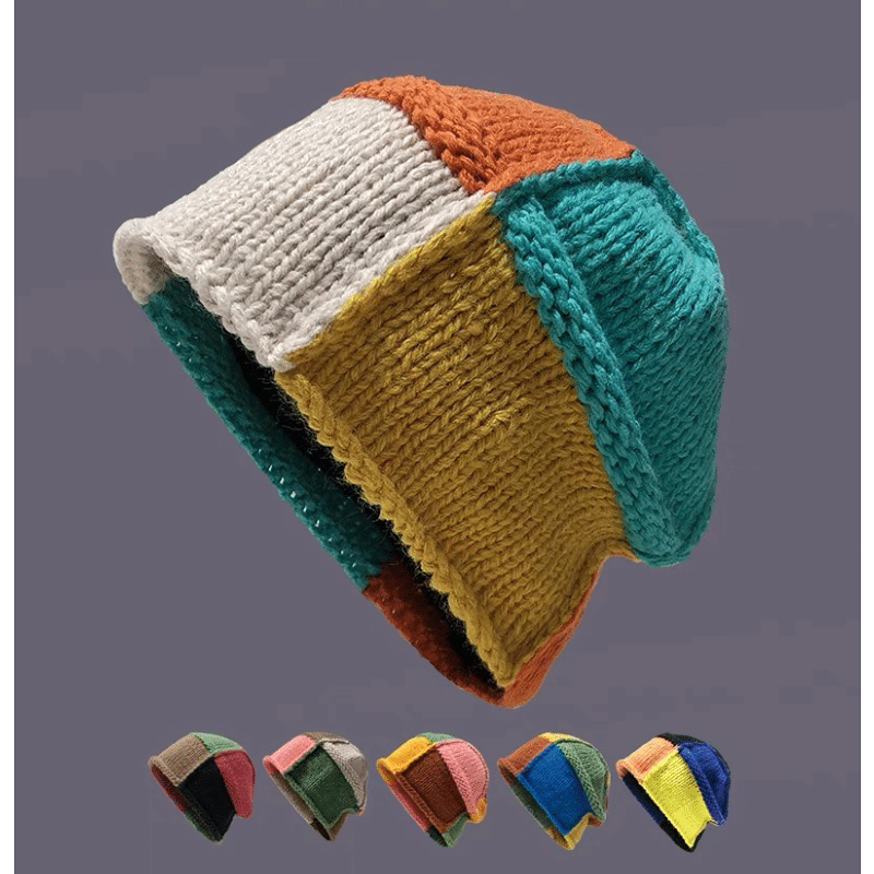 日系撞色针织包头帽女小众设计卷边护耳手工毛线堆堆帽秋冬保暖帽
