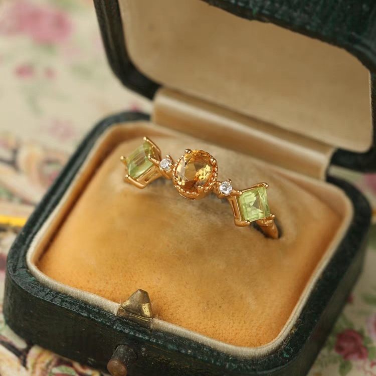 《油菜花》葡曼原创设计黄水晶戒指银镀金简约复古橄榄石开口指环 