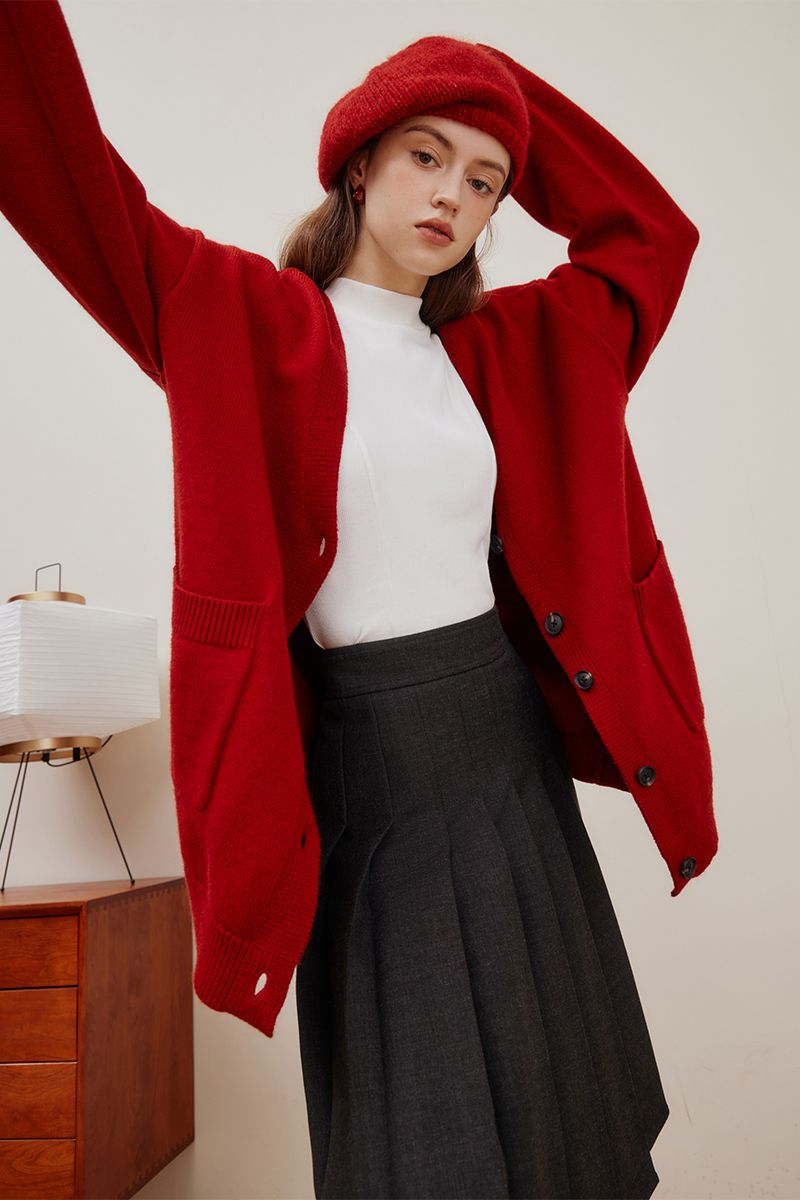 范思蓝恩23FS14765慵懒风红色针织开衫外套韩版中长款V领宽松外套