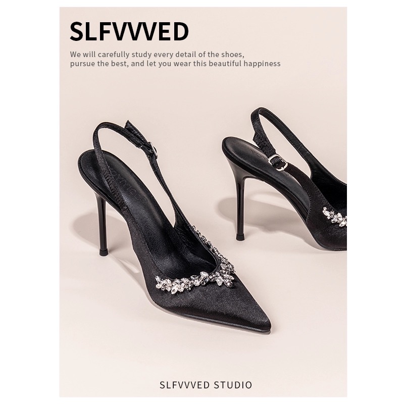 SLFVVVED包头凉鞋女2024春新款高跟鞋细跟尖头水钻法式气质单鞋黑 尖头高跟鞋 黑色 35