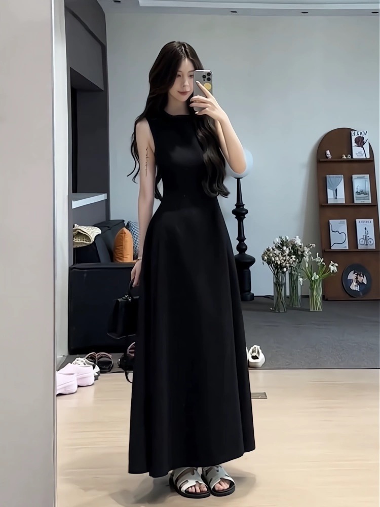 法式复古长裙女夏季新款收腰显瘦设计感 黑色 黑色 s