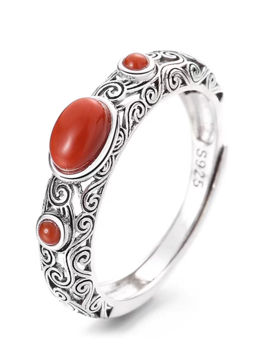 S925纯银复古做旧中式花纹戒指南红玛瑙开口戒指