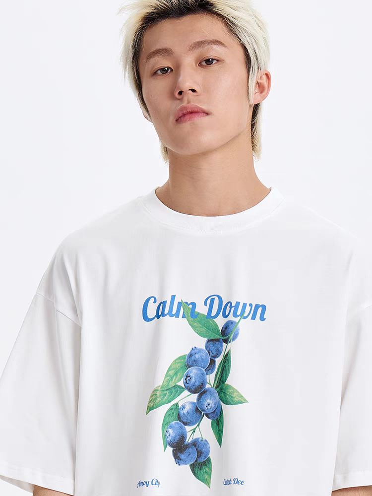 CATCH DEE原创夏季国潮男装宽松个性“蓝莓”水果白色纯棉短袖T恤