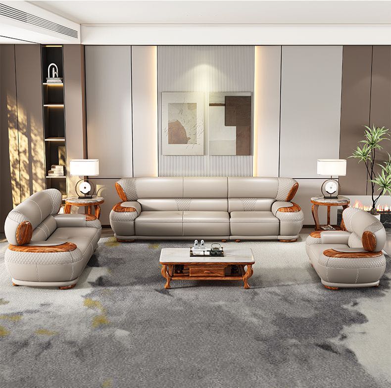 乌金木真皮沙发组合现代简约真皮新中式高档全套客厅真皮沙发
