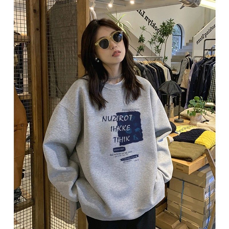 花灰色oversize加绒圆领卫衣女秋冬2025年新款女美式宽松无帽上衣