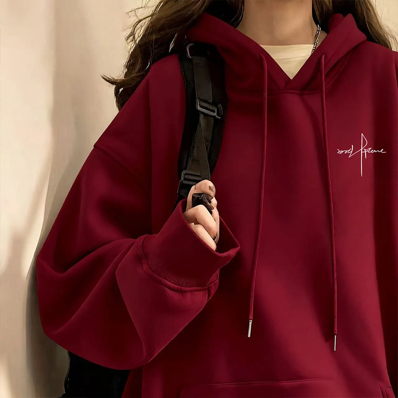 EXLUX港风简约胸标连帽卫衣女秋冬潮流加绒加厚宽松显瘦上衣外套