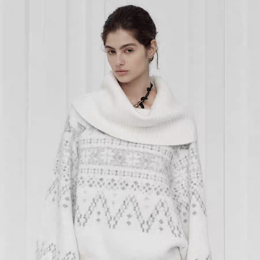 Eloberry【海岛之歌】2025秋冬新款费尔岛毛衣高领白色羊毛混纺提花冬季保暖女 S