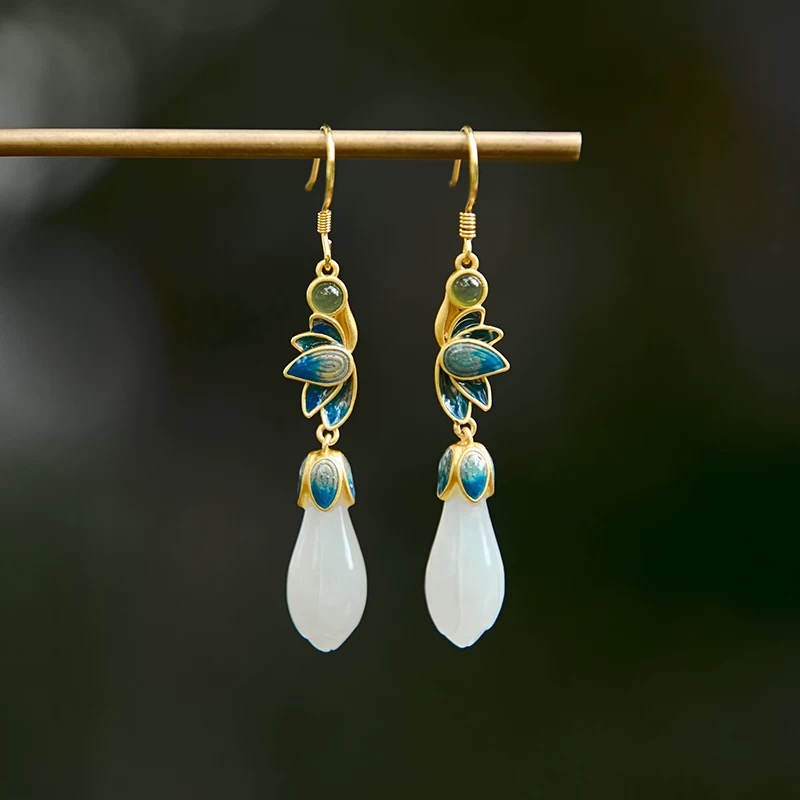 和田玉耳饰中国风耳夹女无耳洞青玉石古风耳环纯银新中式