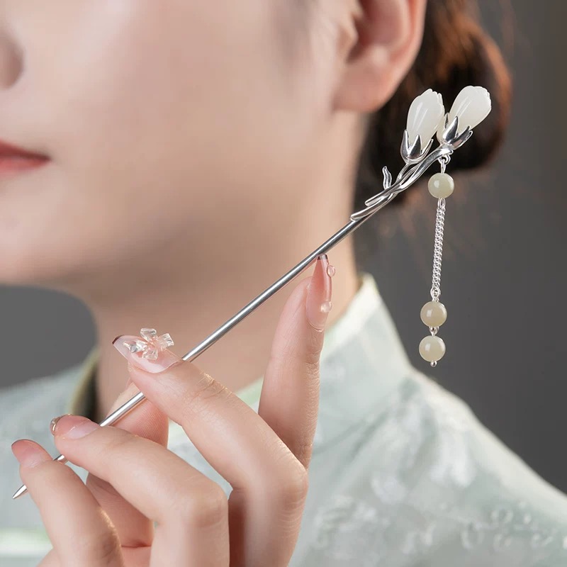 s925纯银玉兰花和田玉发簪新中式盘发流苏步摇头饰高级感簪子