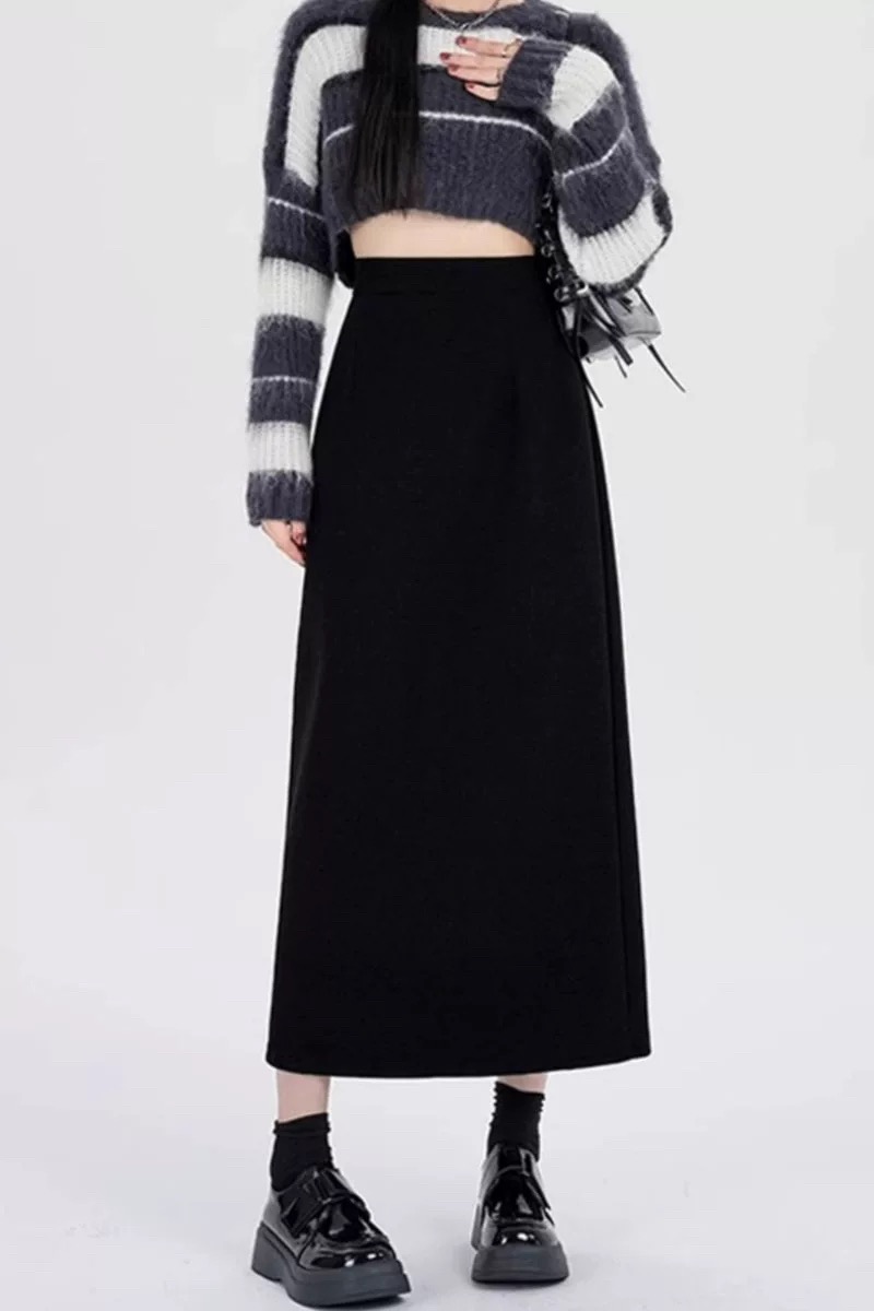 黑色毛呢半身裙女2025秋冬新款大码胖mm高腰显瘦中长款a字包臀裙