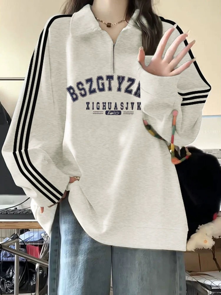 灰色三条杠polo领半拉链卫衣女2025秋冬美式潮牌oversize加绒外套