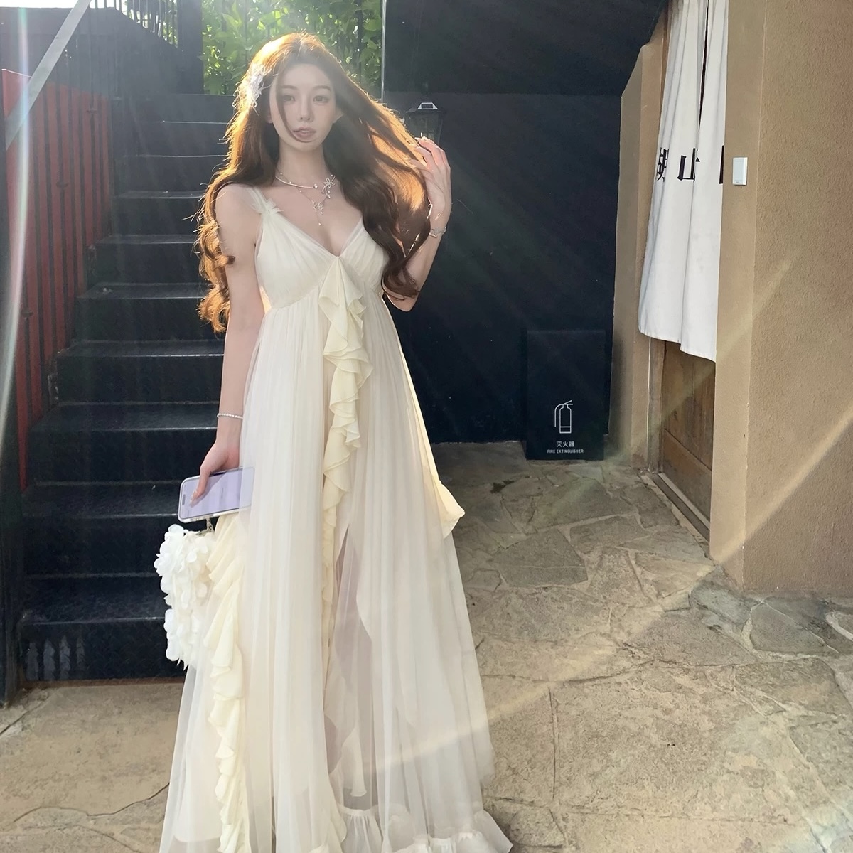 蝴蝶之舞~10米纱用料吊带长裙露背蝴蝶结度假连衣裙 吊带裙 白色 S