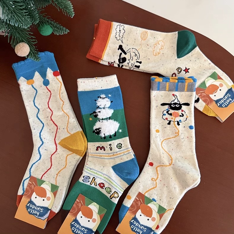 可爱原创卡通袜子儿童女中筒袜纯棉吸汗透气保暖春秋ins潮网红日系个性彩色线条波点袜