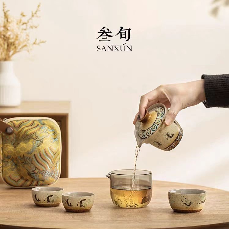 叁旬敦煌飞天快客杯便携式泡茶一壶三杯喝茶旅行户外露营茶具套装